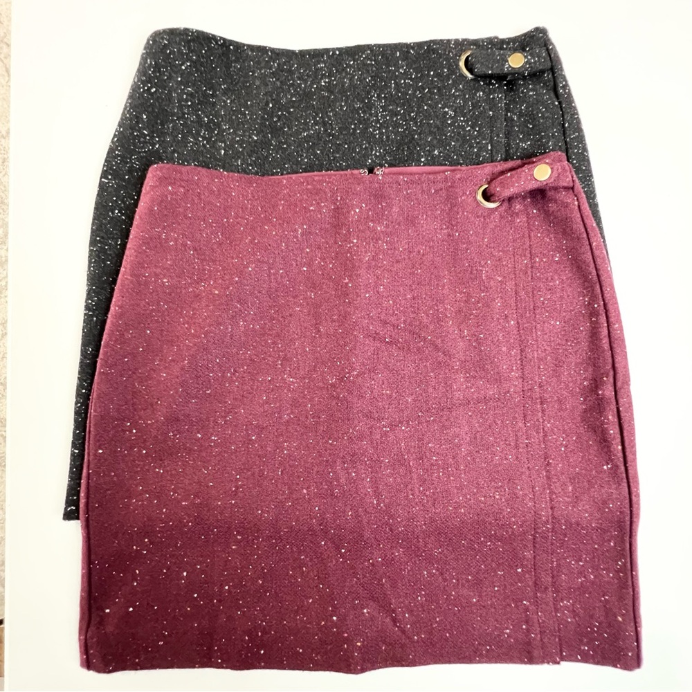 Lot of Two Banana Republic Wool Blend Faux Wrap Mini Skirt Black Burgundy 8